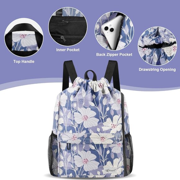 Drawstring Backpack with Mesh Pockets String Gym Bag Sackpack Sandproof Water Re - Picture 4 of 7